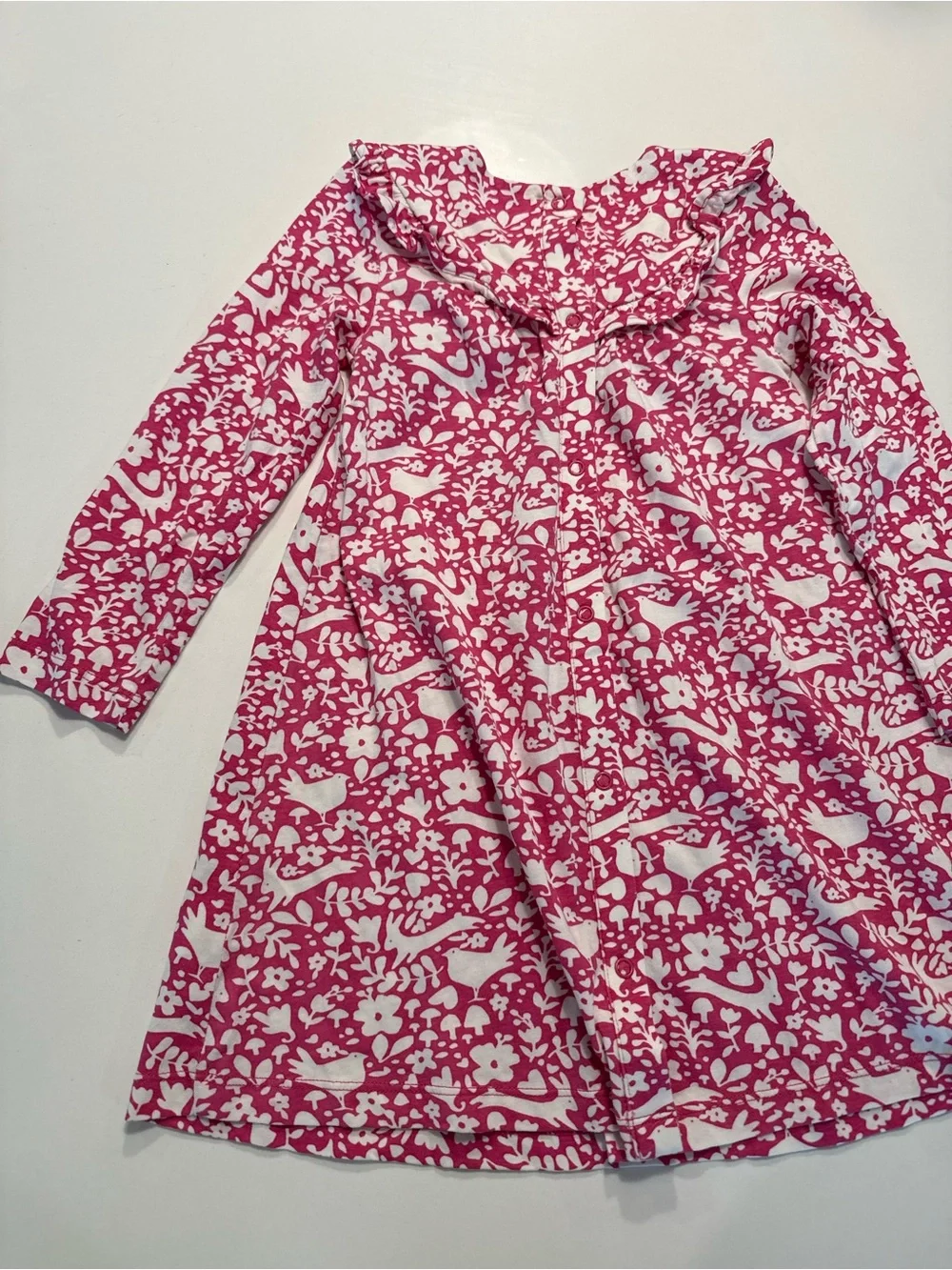 Baby Boden Pink Woodland Floral Bird Print Long Sleeve Dress 3-4Y